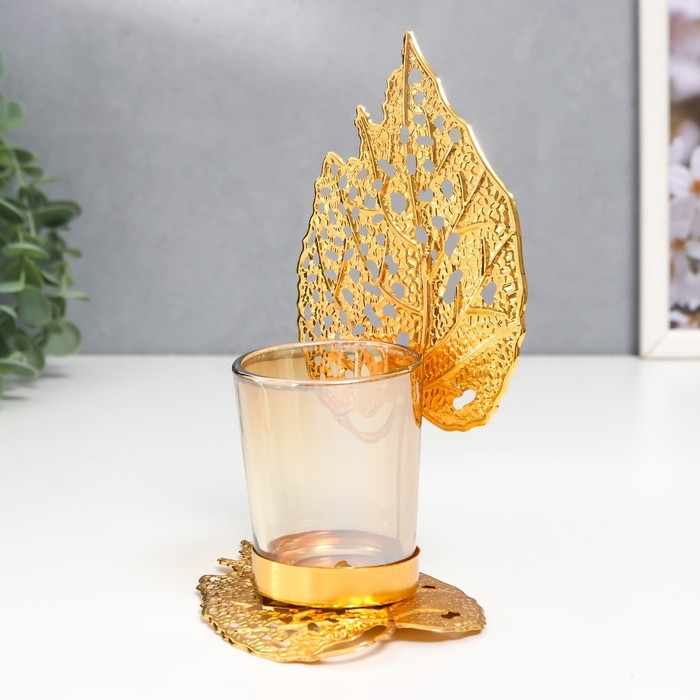 Подсвечник металл, стекло на 1 свечу Подсвечник металл, стекло на 1 свечу "Золотые листики" d-5 см 8х12х16,5 см