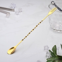 Ложка барная из нержавеющей стали с вилкой, длина 32,5 см, цвет золотой Ложка барная из нержавеющей стали с вилкой, длина 32,5 см, цвет золотой