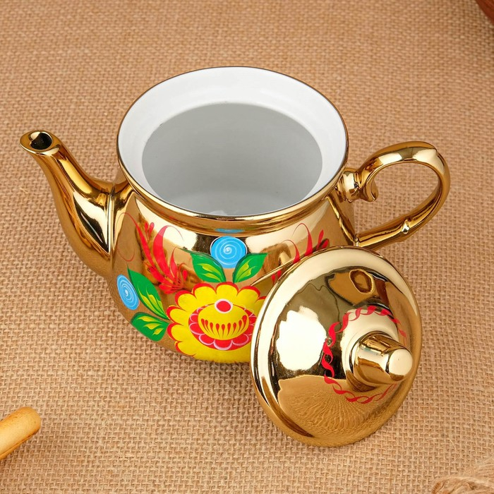 Набор &laquo;Цветы на золотом&raquo;, жёлудь, 3 предмета, самовар 3 л, заварочный чайник 0,7 л, поднос