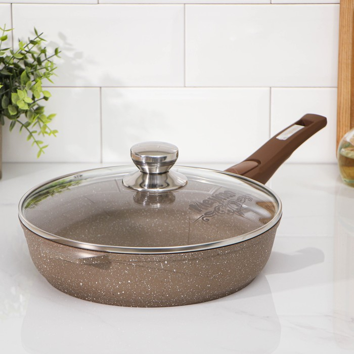 Сковорода &laquo;Гранит&raquo;, d=26 см, съёмная ручка, стеклянная крышка, антипригарное покрытие, цвет коричневый