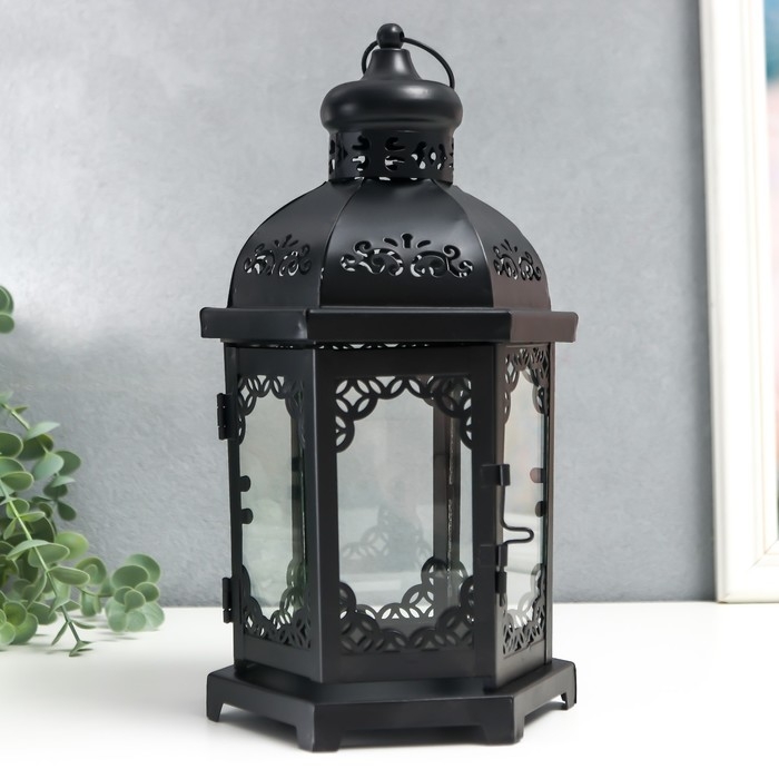 Подсвечник металл, стекло Подсвечник металл, стекло "Фонарь - цветущие вензеля" d-10 см чёрный 13,5х15х29 см