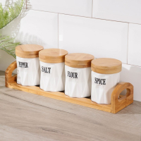 Банки для хранения сыпучих продуктов на деревянной подставке &laquo;Эстет&raquo;, 4 предмета: 200 мл, 8,5&times;10 см, керамические, цвет белый