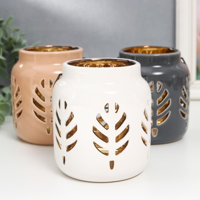 Подсвечник керамика на 1 свечу "Фонарь. Листья" внутри золото МИКС 11,5х9,5х9,5 см