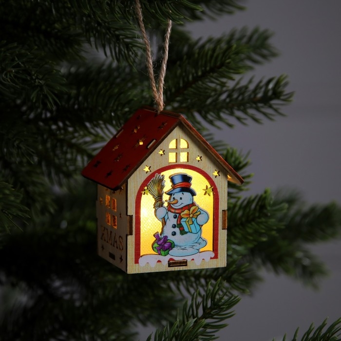 Ёлочная игрушка &laquo;Домик со снеговиком&raquo;, от батареек, свечение тёплое белое