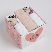 Набор полотенец &laquo;Мопсики&raquo; 30х30 см-3шт, 100% хлопок 340 гр/м2