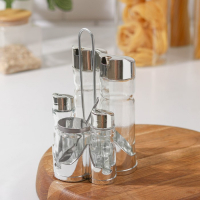 Набор для специй из стекла на подставке &laquo;Эксклюзив&raquo;, 5 предметов: солонка, перечница, 2 соусника, сахарница с ложкой, на подставке