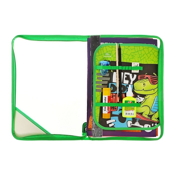 Папка для труда А4, молния вокруг, откидная планка, пластиковая, ПТР-1, с наполнением 10 предметов, для мальчика, Calligrata Папка для труда А4, молния вокруг, откидная планка, пластиковая, ПТР-1, с наполнением 10 предметов, для мальчика, Calligrata "Дино скейт"