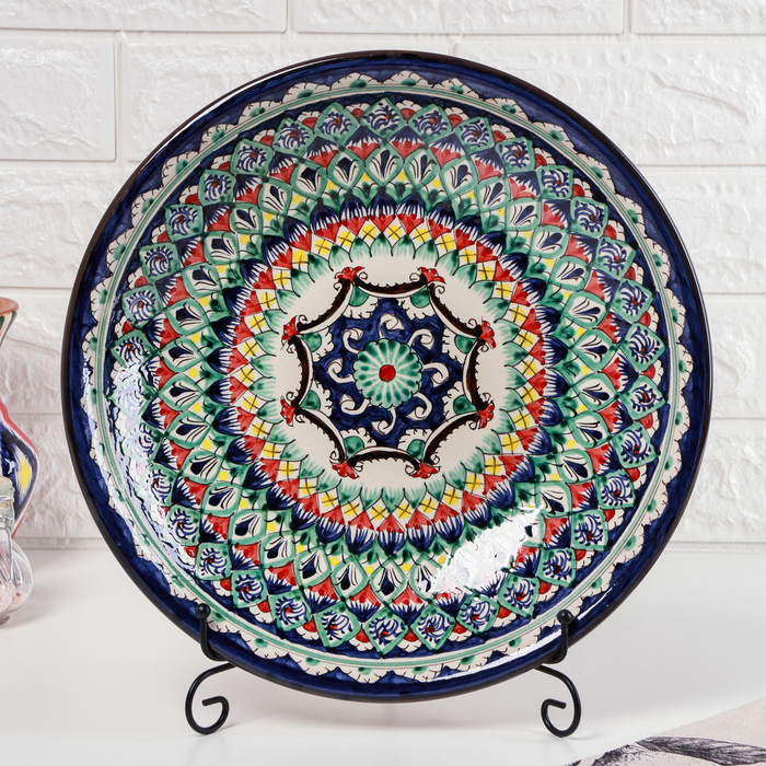 Ляган Риштанская Керамика "Узоры", 33 см, глубокий, синий