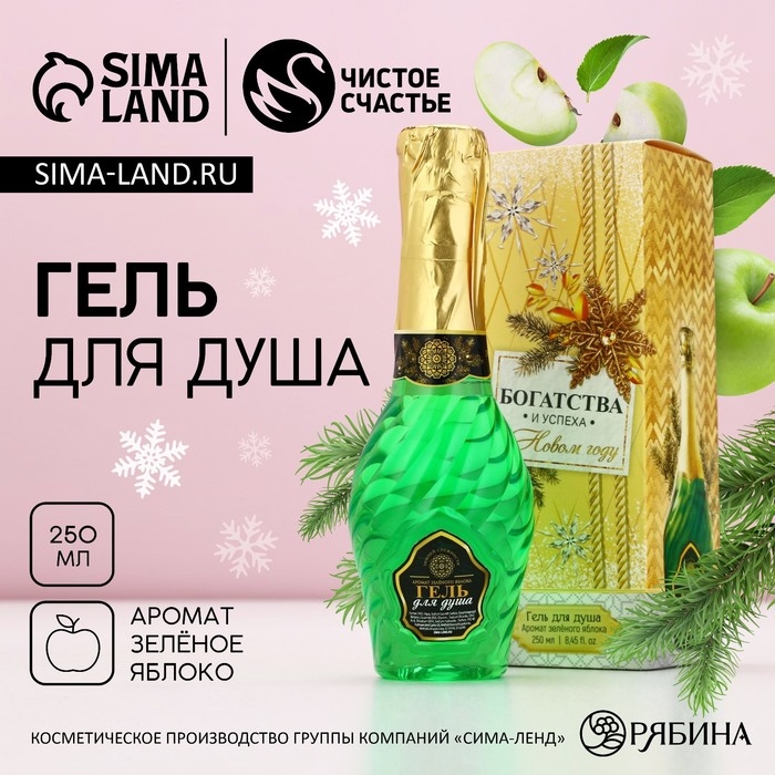 Гель для душа во флаконе мондоро &laquo;Богатства и успеха в Новом Году&raquo;, 250 мл, аромат зеленого яблока, ЧИСТОЕ СЧАСТЬЕ
