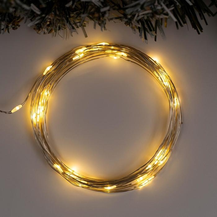 Гирлянда &laquo;Нить&raquo; 5 м роса, IP65, серебристая нить, 50 LED, 8 режимов, батарейки AAх3 (нет в комплекте), свечение тёплое белое