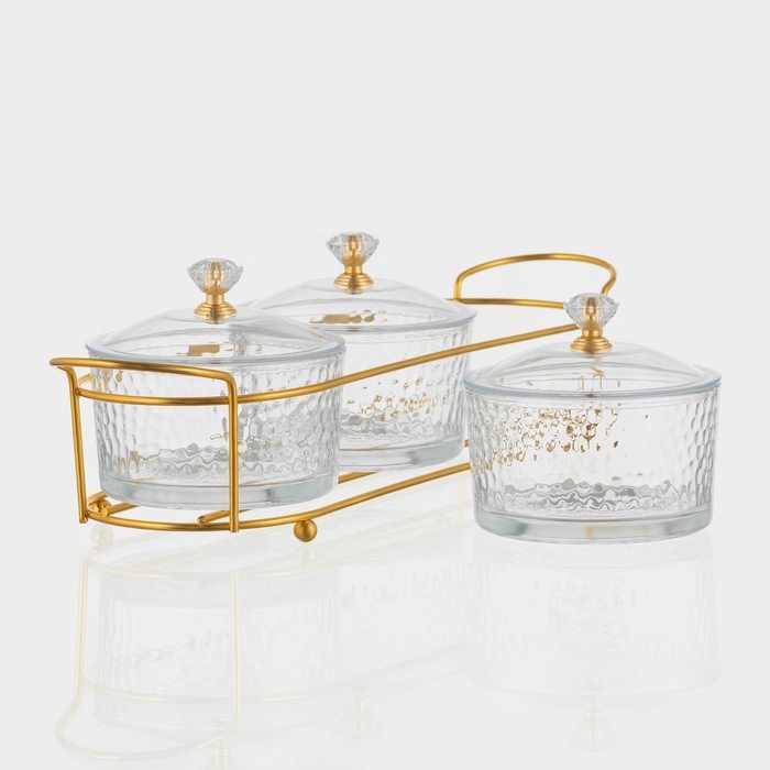 Набор стеклянных конфетниц «Богема», на подставке 33×9,5×8,5, 3 шт, цвет металла золотой Набор стеклянных конфетниц «Богема», на подставке 33×9,5×8,5, 3 шт, цвет металла золотой