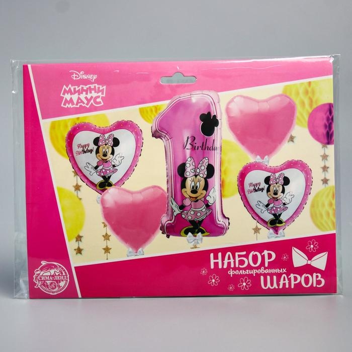Букет из шаров фольгированных Букет из шаров фольгированных "Happy Birthday", набор 5 шт, Минни Маус, 4 сердечка, единичка