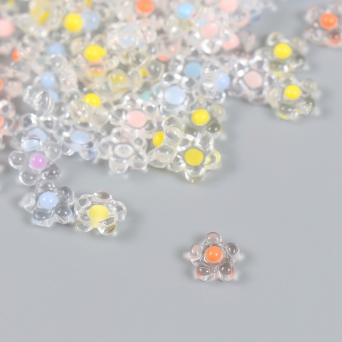 Декор для творчества пластик "Цветок с цветной серединкой" глянец набор 80 шт  0,7х0,7 см