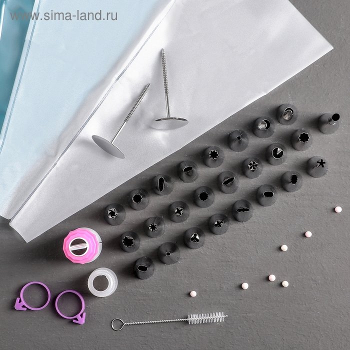 Набор кондитерский, 34 предмета: 26 насадок d=1,7, h=3 см, 2 адаптера, 2 гвоздя 3×6,5, 2 зажима Набор кондитерский, 34 предмета: 26 насадок d=1,7, h=3 см, 2 адаптера, 2 гвоздя 3×6,5, 2 зажима