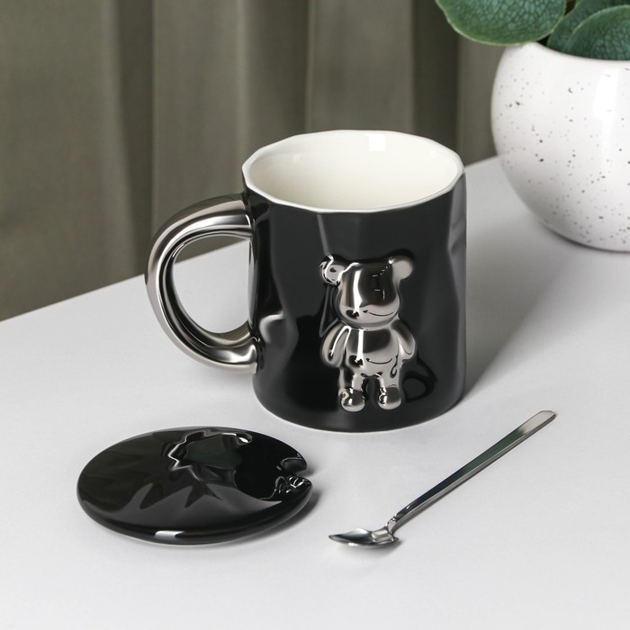 Кружка керамическая с ложкой &laquo;Стильный мишка&raquo;, 320 мл, цвет чёрный