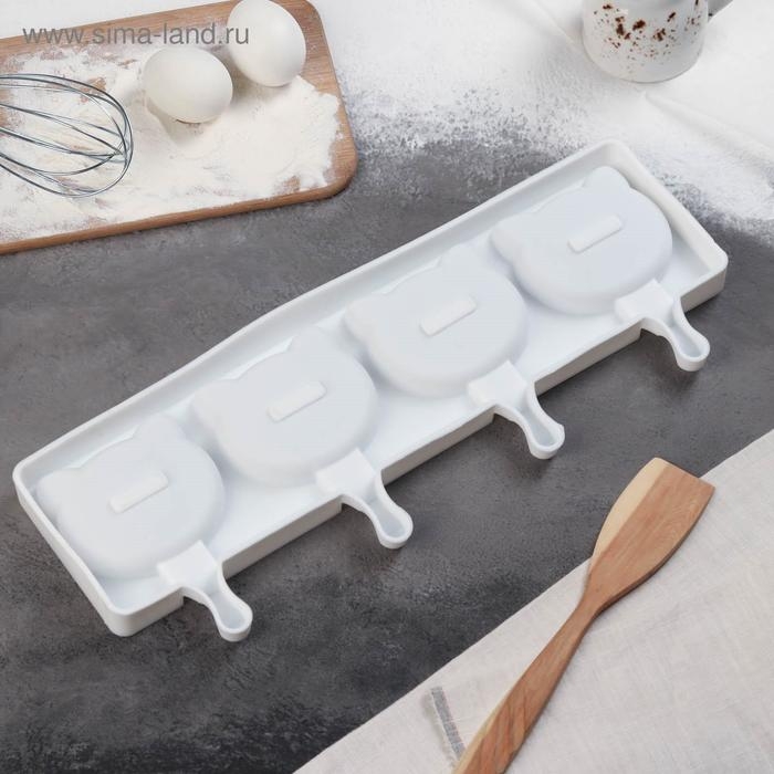 Форма для мороженого &laquo;Коты&raquo;, силикон, 38&times;14,5&times;2,5 см, 4 ячейки, цвет белый