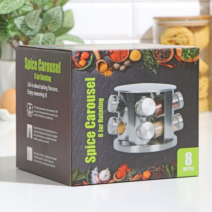 Набор для специй из стекла на подставке &laquo;Шеф&raquo;, 85 мл, 8 предметов, 19&times;16 см, цвет чёрный