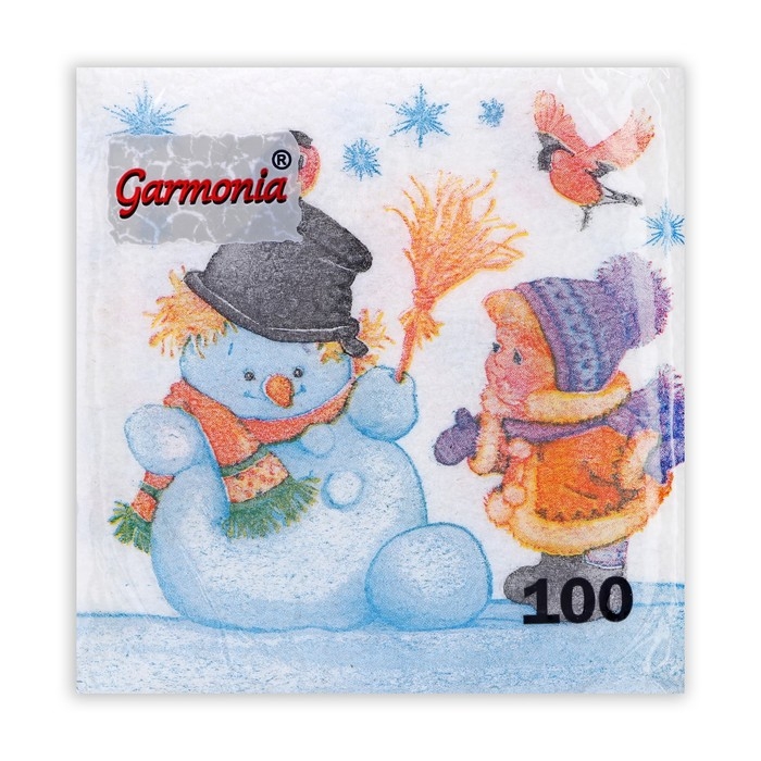 Новогодние салфетки бумажные Гармония цвета &laquo;Снеговик и дети&raquo; 1 слой, 24х24 см, 100 шт
