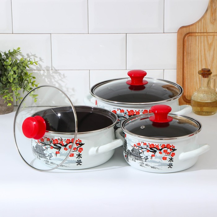 Набор эмалированных кастрюль &laquo;Ветка сакуры&raquo;, 3 предмета: 1,5 л, 2 л, 3 л, индукция