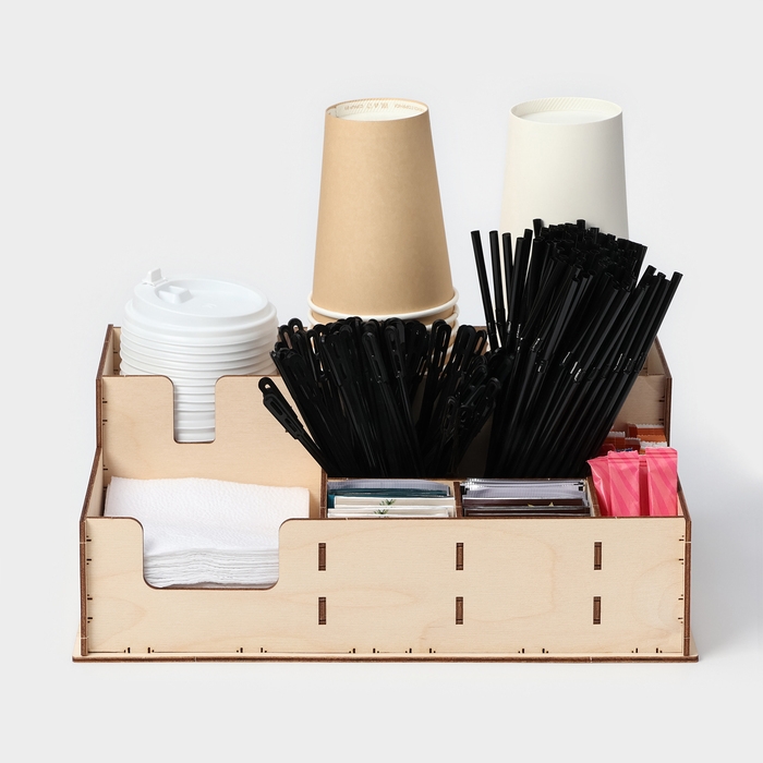 Подставка - органайзер деревянный барный Доляна, под стаканы, крышки, трубочки, салфетки, 40&times;25&times;15 см