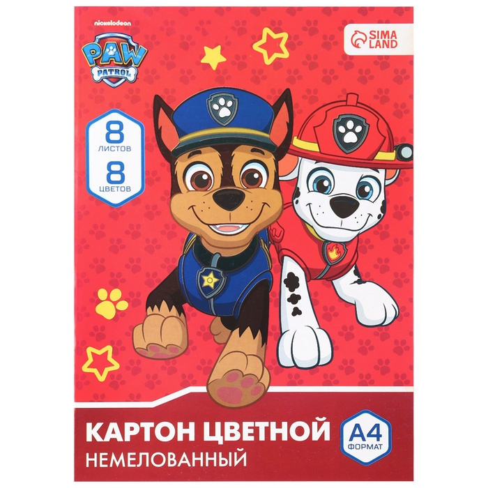 Картон цветной, А4, 8 листов, 8 цветов, немелованный, односторонний, в папке, 220 г/м&sup2;, Щенячий патруль