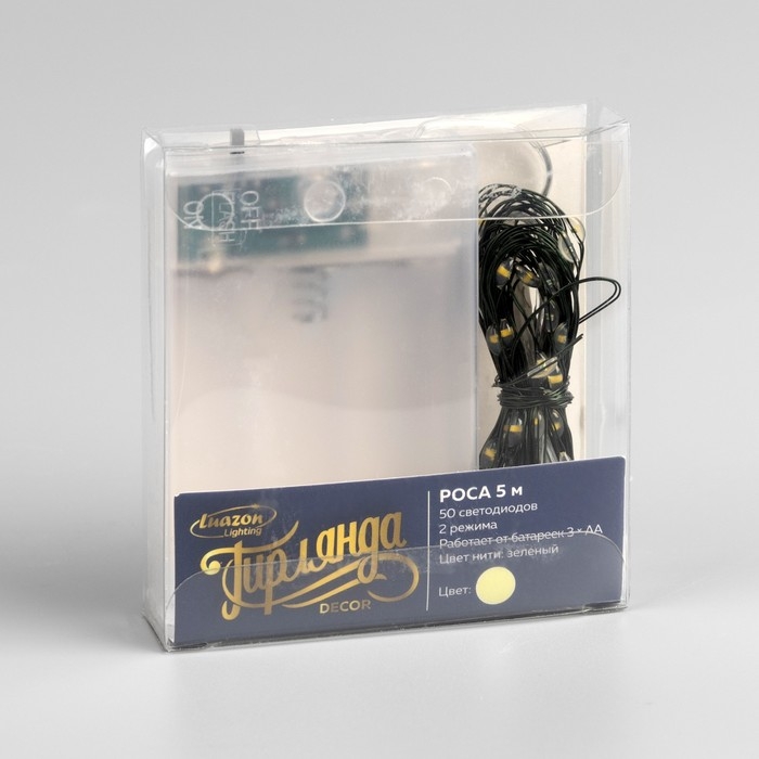 Гирлянда &laquo;Нить&raquo; 5 м роса, IP20, зелёная нить, 50 LED, 2 режима, батарейки AAх3 (нет в комплекте), свечение тёплое белое