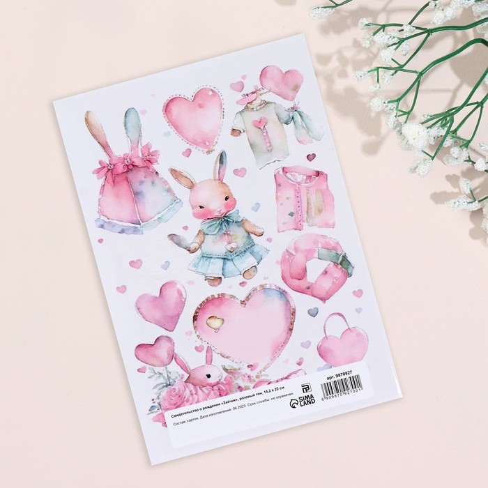 Папка под свидетельство о рождении "Зайчик" розовый тон, А5