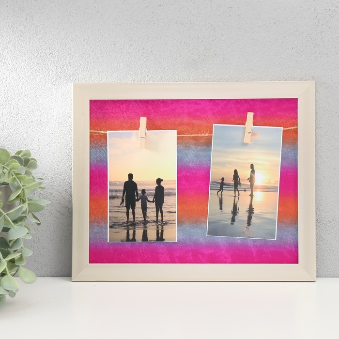 Фоторамка пластик, текстиль на 2 фото Фоторамка пластик, текстиль на 2 фото "Закат" с прищепками, золото 27,7х23 см