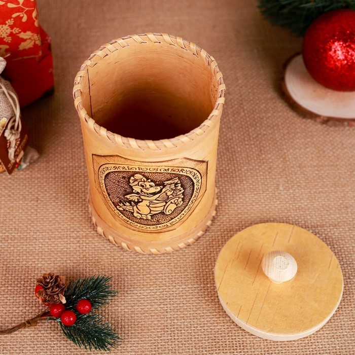 Туес "Дракончик с подарками", береста 10х10х15 см