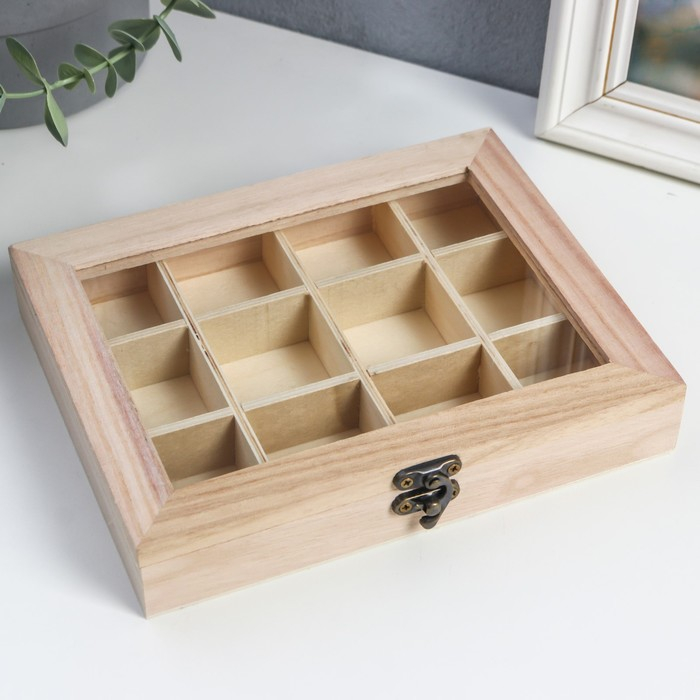 Шкатулка дер. под роспись Шкатулка дер. под роспись "Прямоугольная со стеклянной вставкой" 12 отделений 3,5х19х15 см