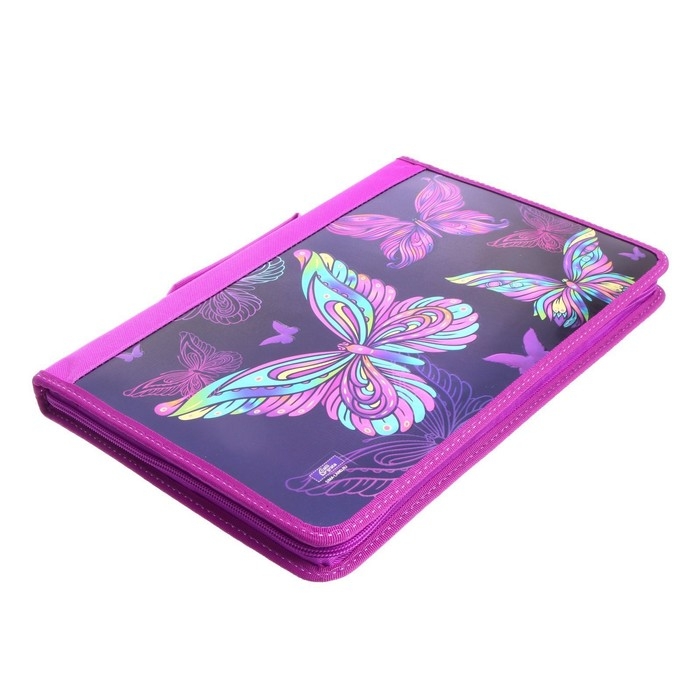 Папка-пенал для труда А4, 340 х 240 х 30 мм, с ручкой, молния вокруг, наполнение 27 предметов, Calligrata, Папка-пенал для труда А4, 340 х 240 х 30 мм, с ручкой, молния вокруг, наполнение 27 предметов, Calligrata,"Бабочки", ламинированный картон (объемный 3D-рисунок с эффектом металлика)