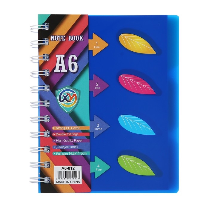 Блокнот на гребне А6, 100 листов, линия, обложка пластик, с разделителями "Листья", МИКС