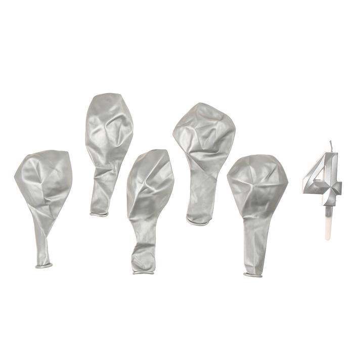 Свечи для торта + 5 шаров, цифра 4, серебро Свечи для торта + 5 шаров, цифра 4, серебро