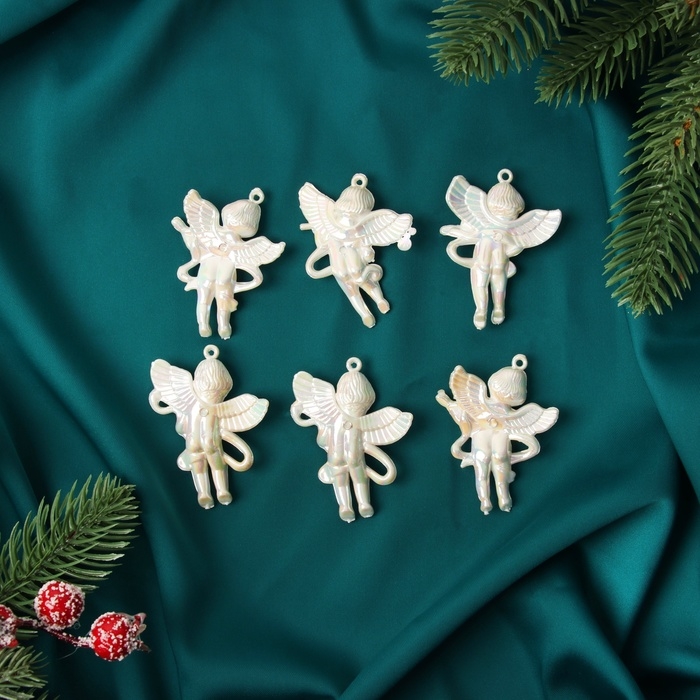 Украшение ёлочное "Ангелочки перелив" (набор 6 шт) 5,5х4 см, белый перламутр