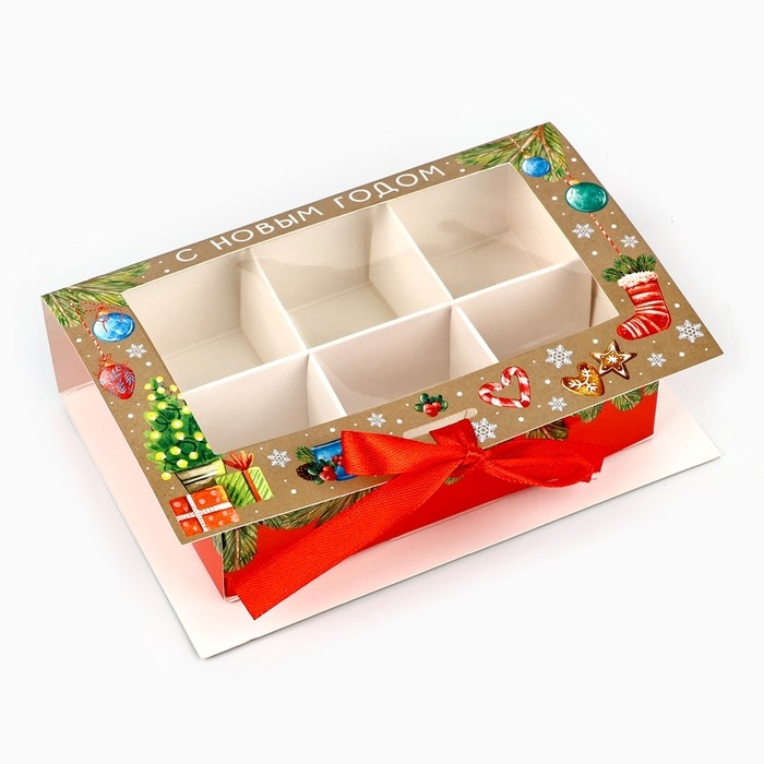 Коробка под 6 конфет с ячейками «Новогодние атрибуты» 14.8 х 9.5 х 3.5 см, Новый год Коробка под 6 конфет с ячейками «Новогодние атрибуты» 14.8 х 9.5 х 3.5 см, Новый год