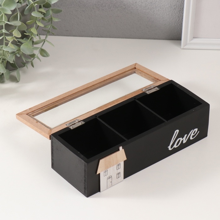 Шкатулка дерево с делениями "Домик" чёрная 23,7х9,5х7,5 см