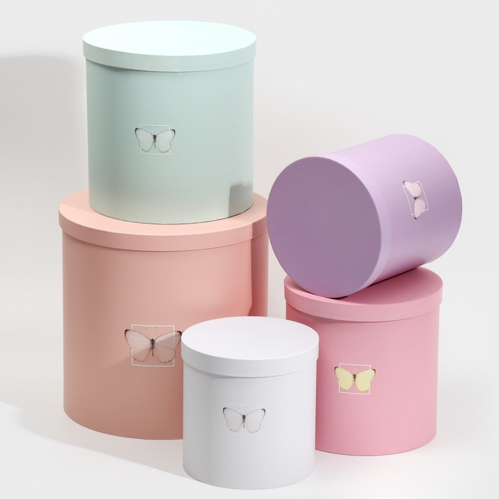 Набор круглых коробок 5 в 1, упаковка подарочная, &laquo;Бабочки&raquo;, 23 х 23 х 25 ‒ 15 х 15 х 15 см