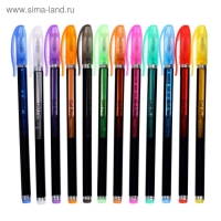 Набор гелевых ручек, 12 цветов, корпус чёрный в полоску в стержень, в блистере на кнопке Набор гелевых ручек, 12 цветов, корпус чёрный в полоску в стержень, в блистере на кнопке