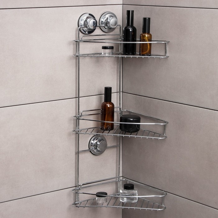 Полка угловая 3-х ярусная Accoona, A11473-3, 20×30×57 см, на вакуумных присосках, цвет хром Полка угловая 3-х ярусная Accoona, A11473-3, 20×30×57 см, на вакуумных присосках, цвет хром