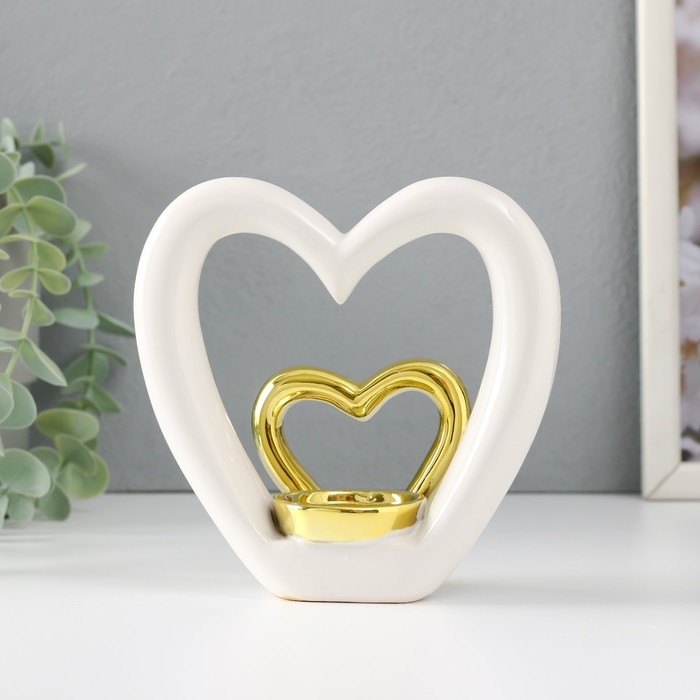 Подсвечник керамика на 1 свечу Подсвечник керамика на 1 свечу "Сердце в сердце" белое с золотом 12,7х5,5х12,2 см