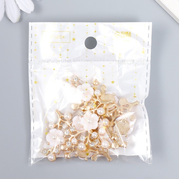 Декор для творчества металл "Цветочная ветвь" жемчужины, стразы, золото 3,5х4 см