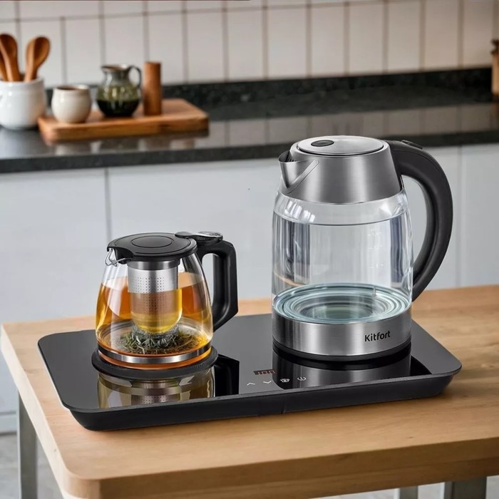 Чайный набор Kitfort КТ-6608, стекло, 1.7/1 л, 2200 Вт, регулировка t&deg;, дисплей, чёрный