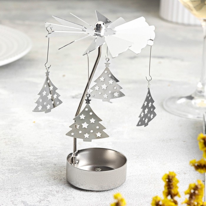 Свеча вращающаяся "Карусель с ёлками", серебрянная, металл