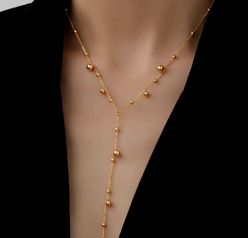 Длинное ожерелье DIEYURO из нержавеющей стали 316L с шариками золотого цвета