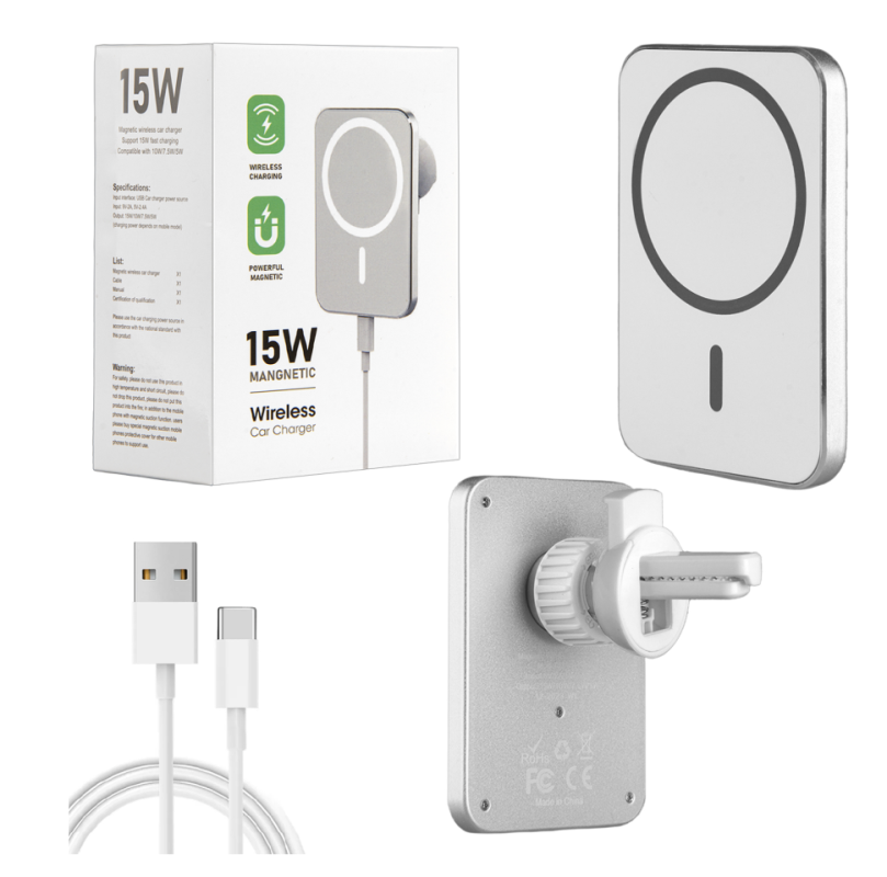 Беспроводная зарядка 15W + Автомобильный держатель магнитный белый