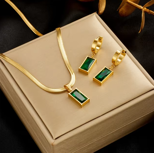 Ожерелье и серьги DIEYURO из нержавеющей стали 316L с квадратным зеленым кристаллом из циркония для женщин