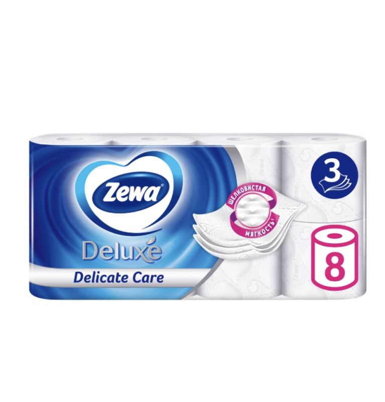 Бумага туалетная ZEWA Deluxe без аромата 3-слоя белая, 8шт