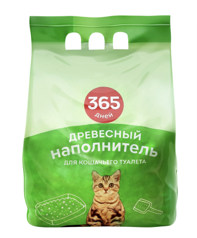 Наполнитель древесный для кошачьего туалета 365 ДНЕЙ, (6.5л) 4кг