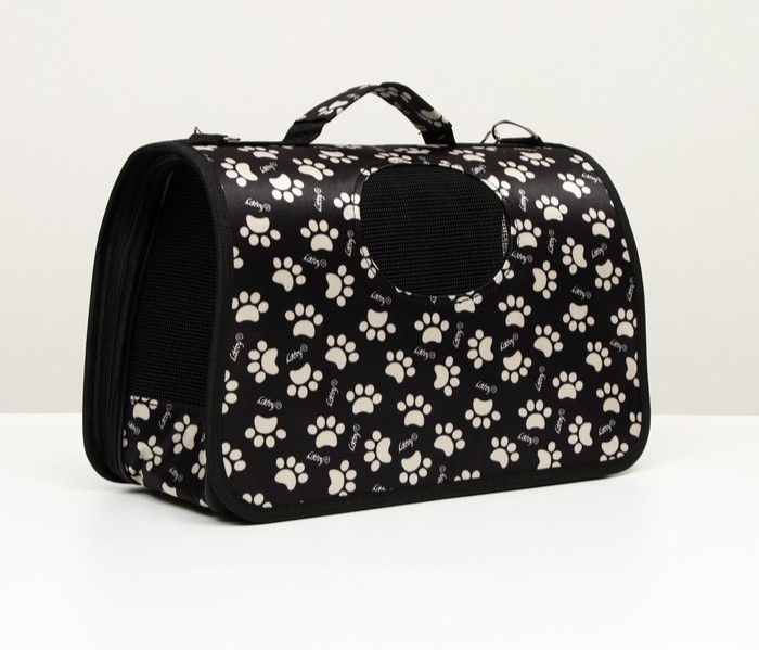 Сумка-переноска каркасная "Лапки Happy" , размер М, 40 х 21 х 27 см, чёрная