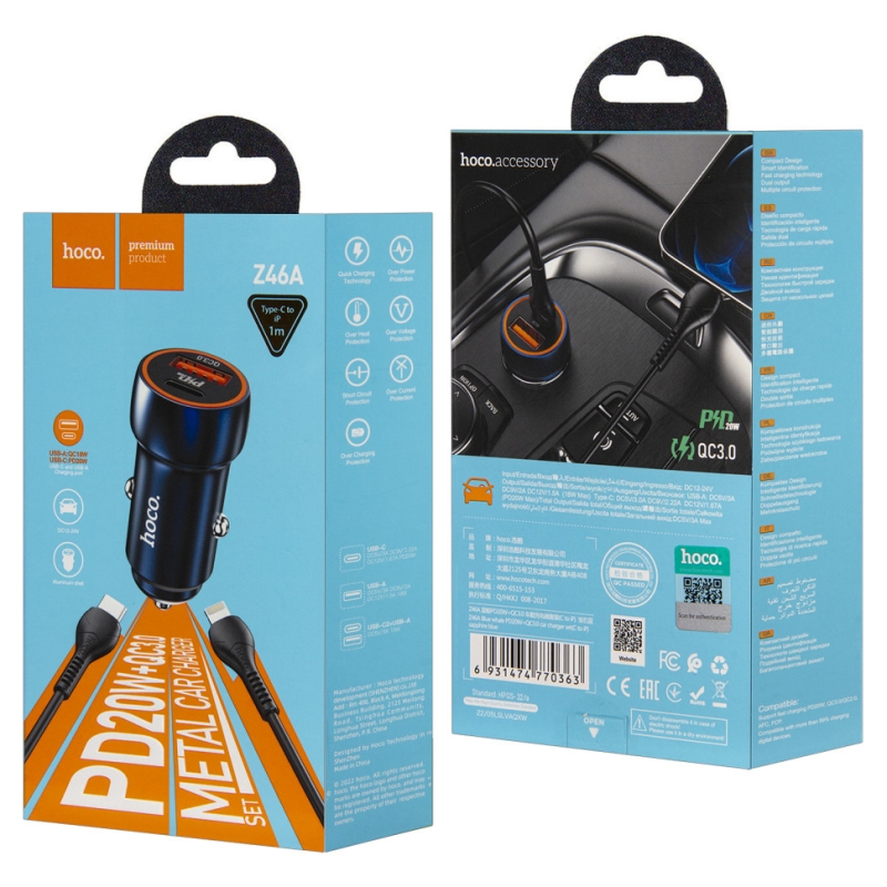 АЗУ Z46A Type-C на Lightning PD20W + USB QC3.0 Hoco темно-синее